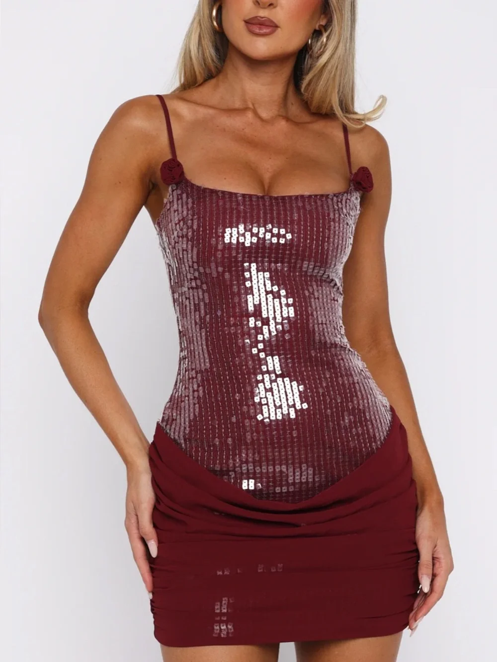 White Fox Burgundy Sequin Mini Dress - Picture 1 of 5